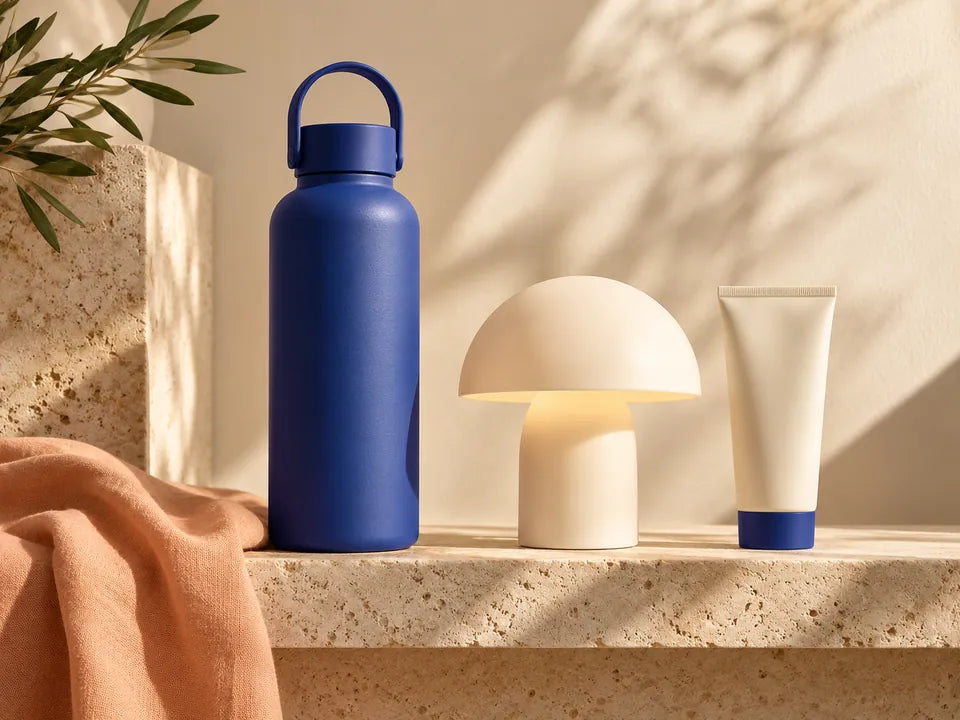 Composición generada de objetos de muestra Ruck: crema, botella y lámpara; no representa productos a la venta