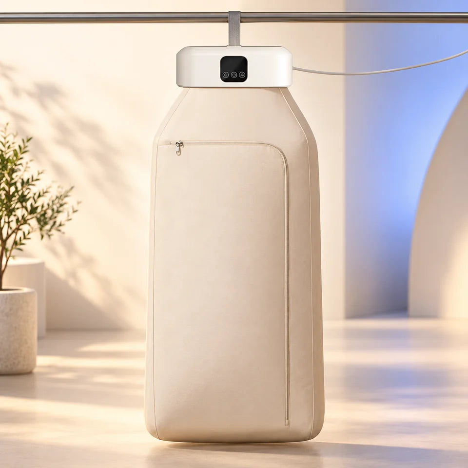 Secadora portátil de ropa blanca con cubierta beige y panel frontal