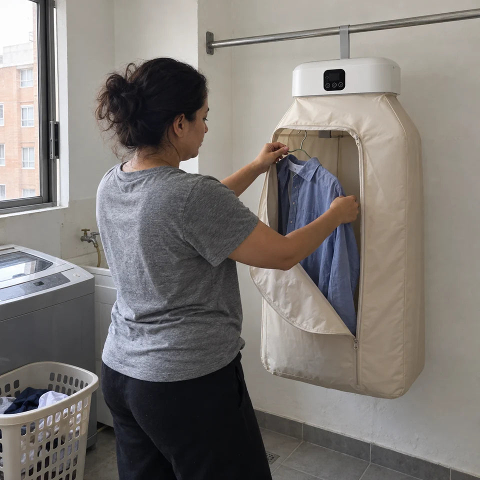 Persona acomodando una camisa en la secadora portátil