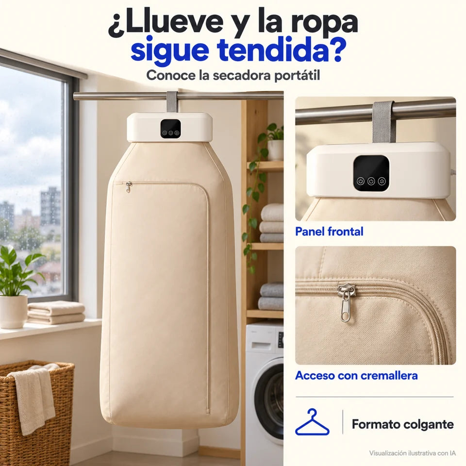 Lámina ilustrativa en español: panel frontal, acceso con cremallera y formato colgante de la secadora